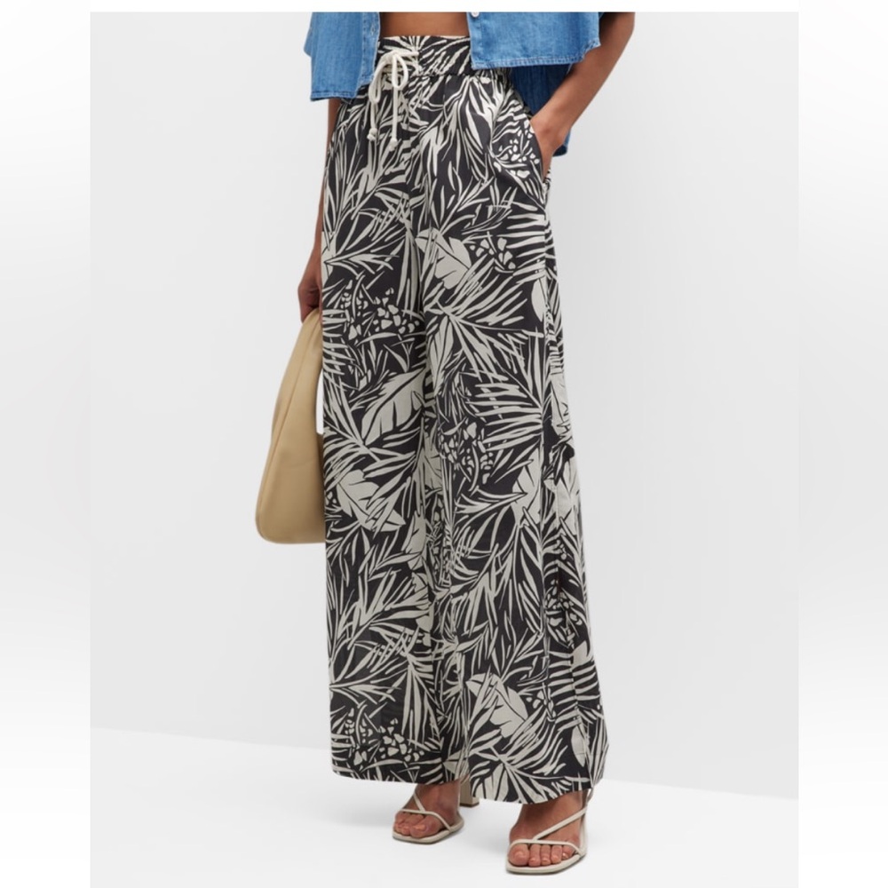 FRAME Black White Palm-Printed Real Silk Cotton Drawstring Lounge Pants, Size M